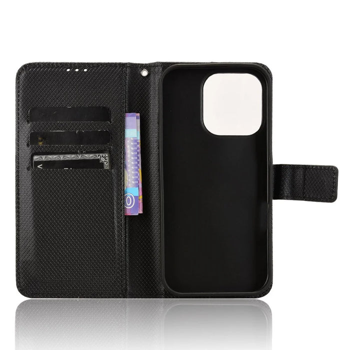 For iPhone 16 Pro Max Case PU Leather Diamond Texture Wallet Phone Cover - Black - 4