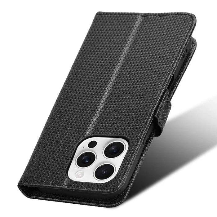 For iPhone 16 Pro Max Case PU Leather Diamond Texture Wallet Phone Cover - Black - 5