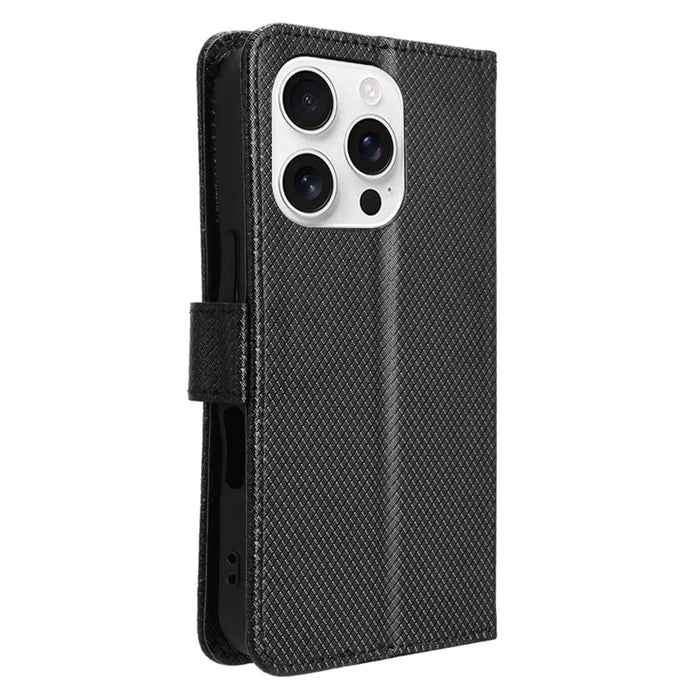For iPhone 16 Pro Max Case PU Leather Diamond Texture Wallet Phone Cover - Black - 7