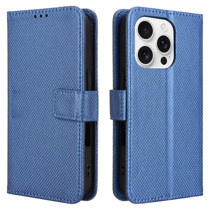 For iPhone 16 Pro Case PU Leather Diamond Texture Wallet Phone Cover - Blue - 1