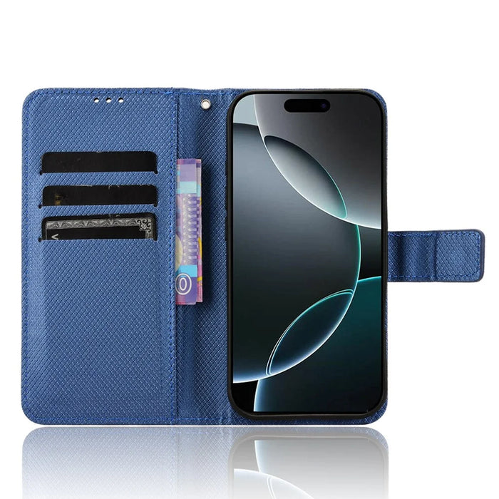 For iPhone 16 Pro Case PU Leather Diamond Texture Wallet Phone Cover - Blue - 2