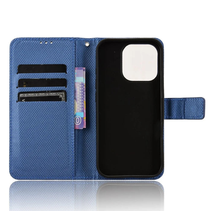 For iPhone 16 Pro Case PU Leather Diamond Texture Wallet Phone Cover - Blue - 4