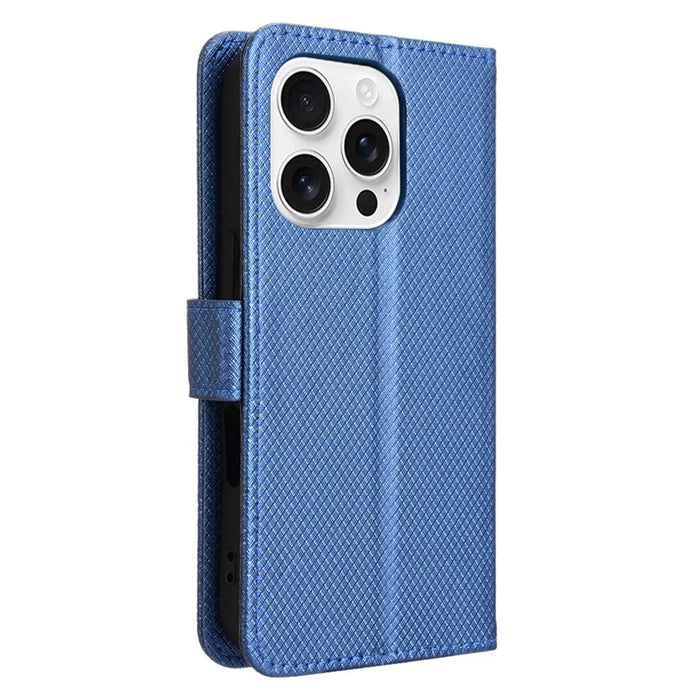 For iPhone 16 Pro Case PU Leather Diamond Texture Wallet Phone Cover - Blue - 7