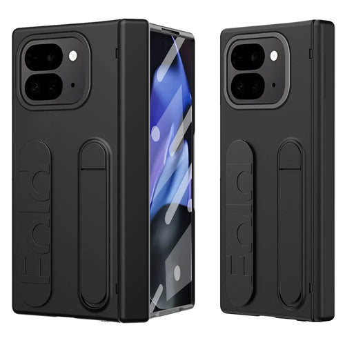 For Google Pixel 9 Pro Fold 5G Case Kickstand Wristband PC Phone Cover with Tempered Glass Film - Black - 1