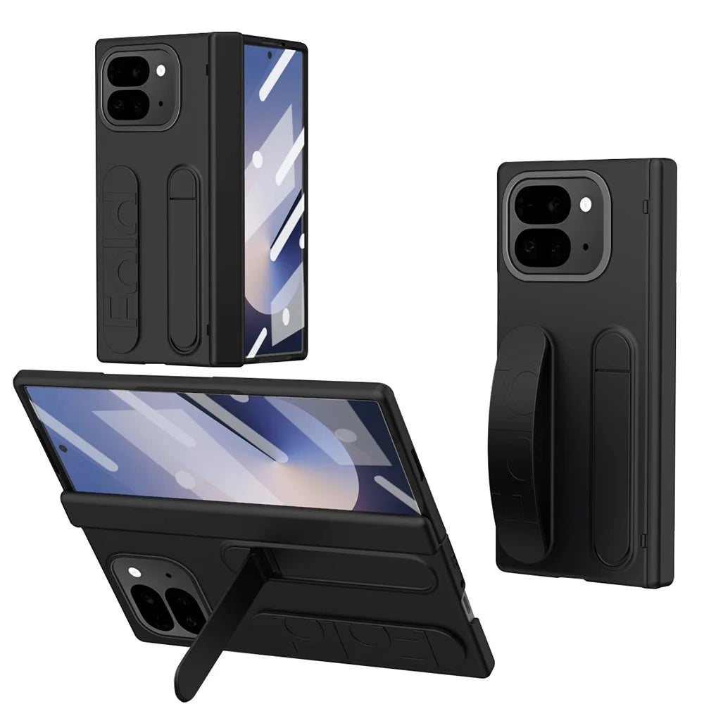 For Google Pixel 9 Pro Fold 5G Case Kickstand Wristband PC Phone Cover with Tempered Glass Film - Black - 2