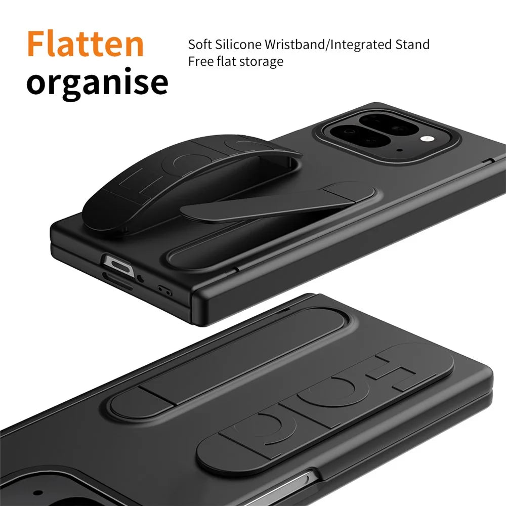 For Google Pixel 9 Pro Fold 5G Case Kickstand Wristband PC Phone Cover with Tempered Glass Film - Black - 3