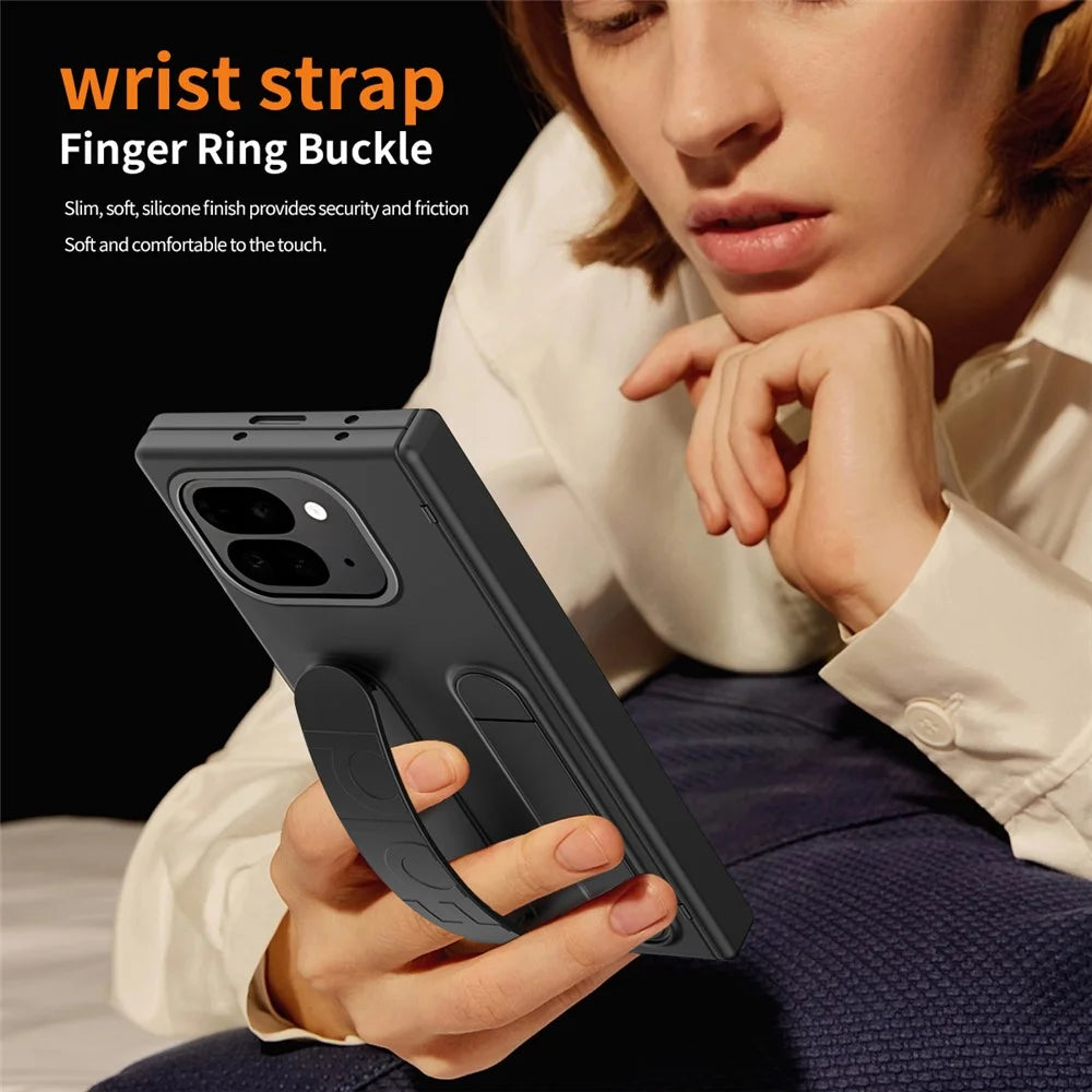 For Google Pixel 9 Pro Fold 5G Case Kickstand Wristband PC Phone Cover with Tempered Glass Film - Black - 4