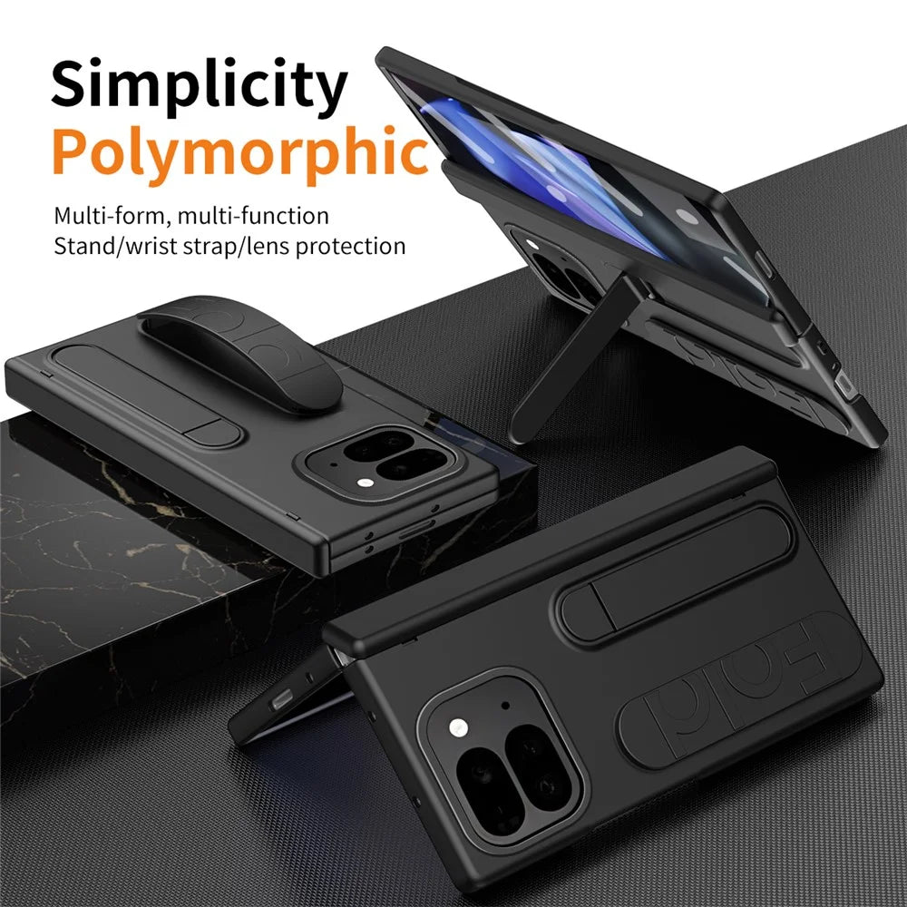 For Google Pixel 9 Pro Fold 5G Case Kickstand Wristband PC Phone Cover with Tempered Glass Film - Black - 5