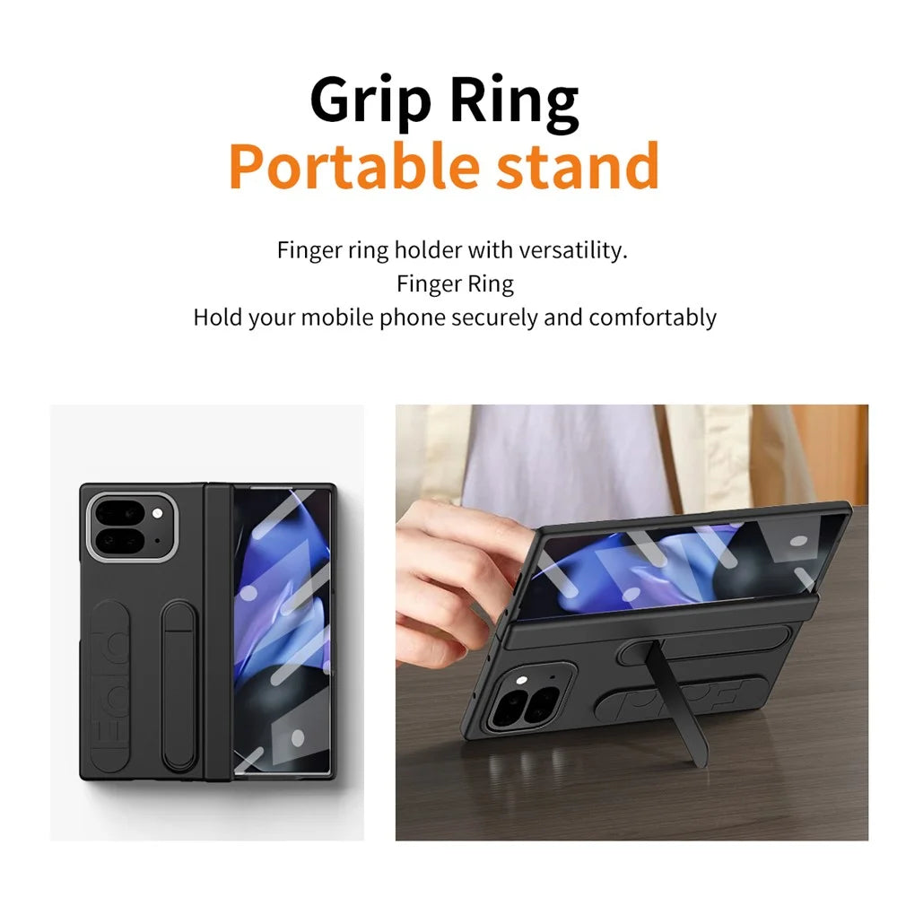 For Google Pixel 9 Pro Fold 5G Case Kickstand Wristband PC Phone Cover with Tempered Glass Film - Black - 7