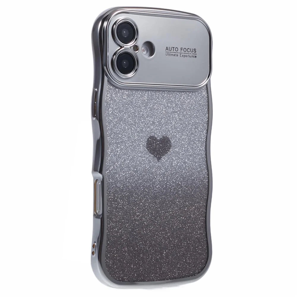 For iPhone 16 Case Love Heart Gradient Glitter TPU Phone Cover Electroplating Curly Frame - Silver - 1