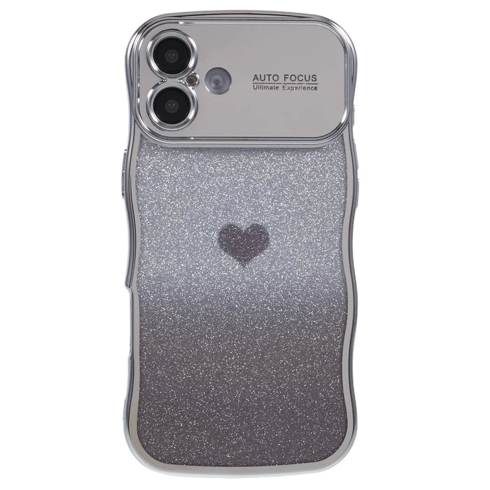 For iPhone 16 Case Love Heart Gradient Glitter TPU Phone Cover Electroplating Curly Frame - Silver - 3
