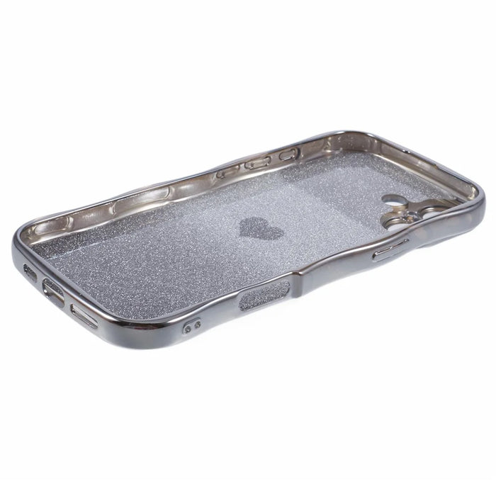 For iPhone 16 Case Love Heart Gradient Glitter TPU Phone Cover Electroplating Curly Frame - Silver - 4