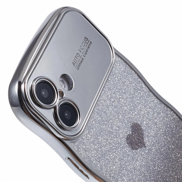 For iPhone 16 Case Love Heart Gradient Glitter TPU Phone Cover Electroplating Curly Frame - Silver - 6