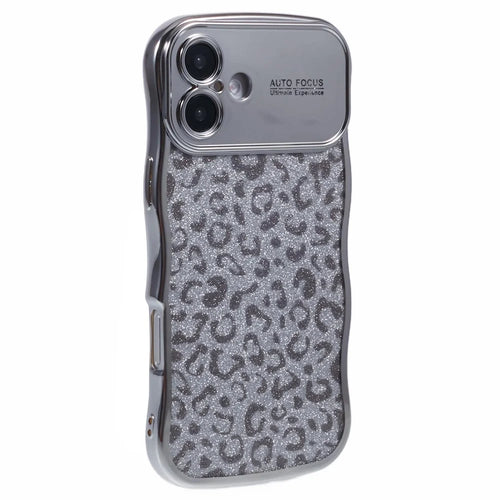 For iPhone 16 Case Curly Frame TPU Phone Cover Leopard Print Glitter - Silver - 1