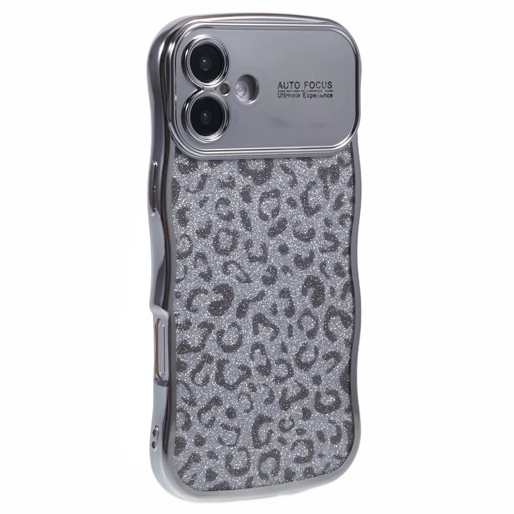 For iPhone 16 Case Curly Frame TPU Phone Cover Leopard Print Glitter - Silver - 1