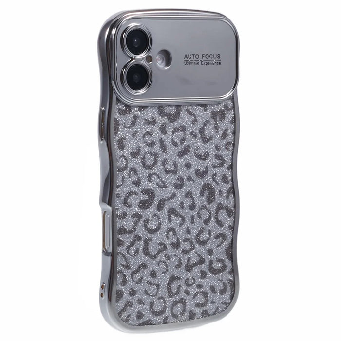 For iPhone 16 Case Curly Frame TPU Phone Cover Leopard Print Glitter - Silver - 1