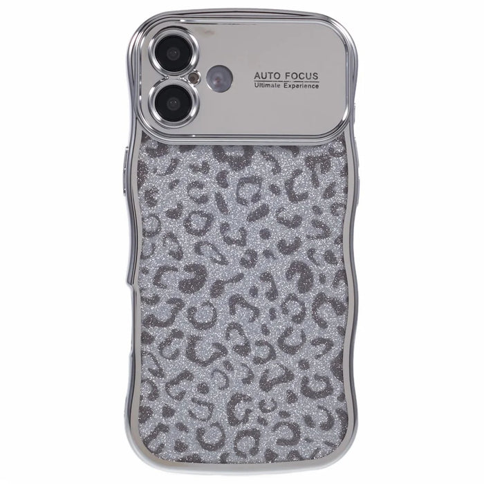 For iPhone 16 Case Curly Frame TPU Phone Cover Leopard Print Glitter - Silver - 3