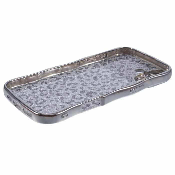 For iPhone 16 Case Curly Frame TPU Phone Cover Leopard Print Glitter - Silver - 4