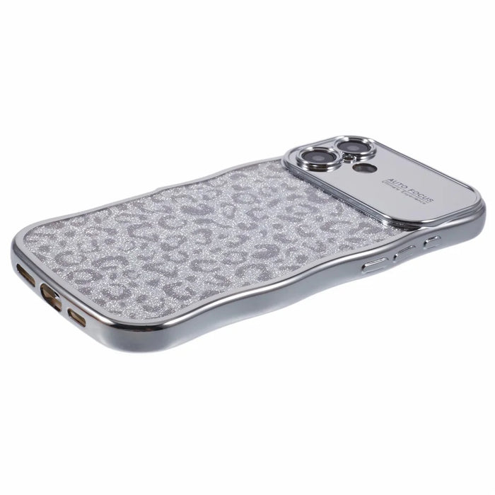 For iPhone 16 Case Curly Frame TPU Phone Cover Leopard Print Glitter - Silver - 5