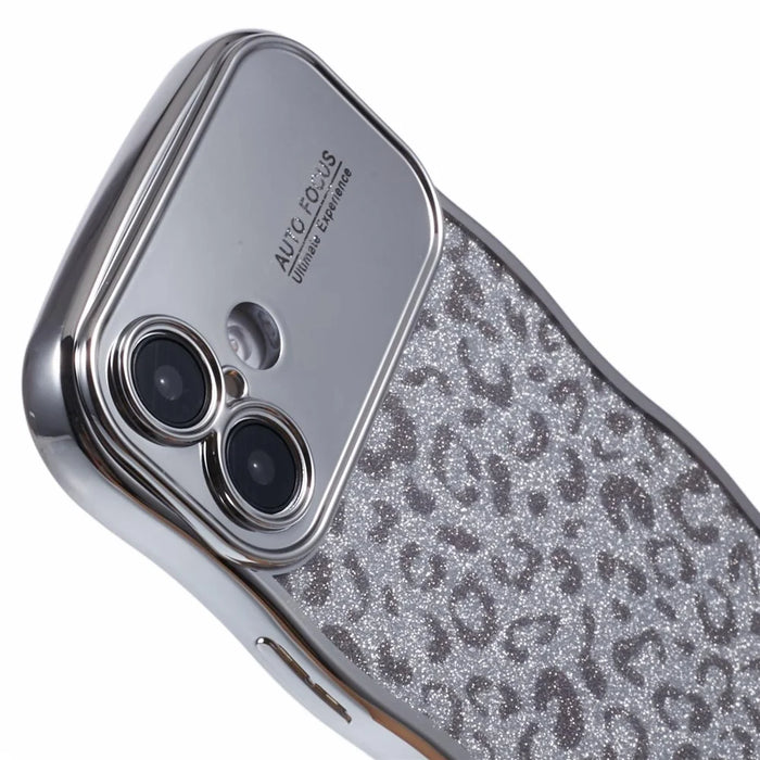 For iPhone 16 Case Curly Frame TPU Phone Cover Leopard Print Glitter - Silver - 6