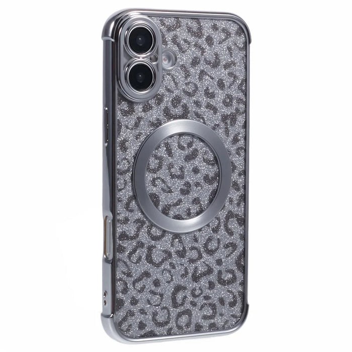 For iPhone 16 Plus Case Compatible with MagSafe Sparkly Leopard Print Clear TPU Phone Cover - Silver - 1