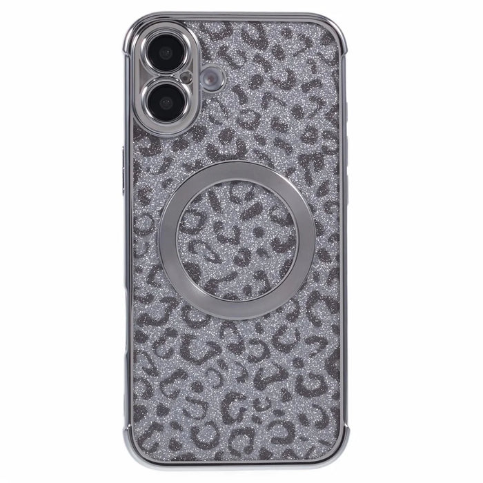 For iPhone 16 Plus Case Compatible with MagSafe Sparkly Leopard Print Clear TPU Phone Cover - Silver - 3