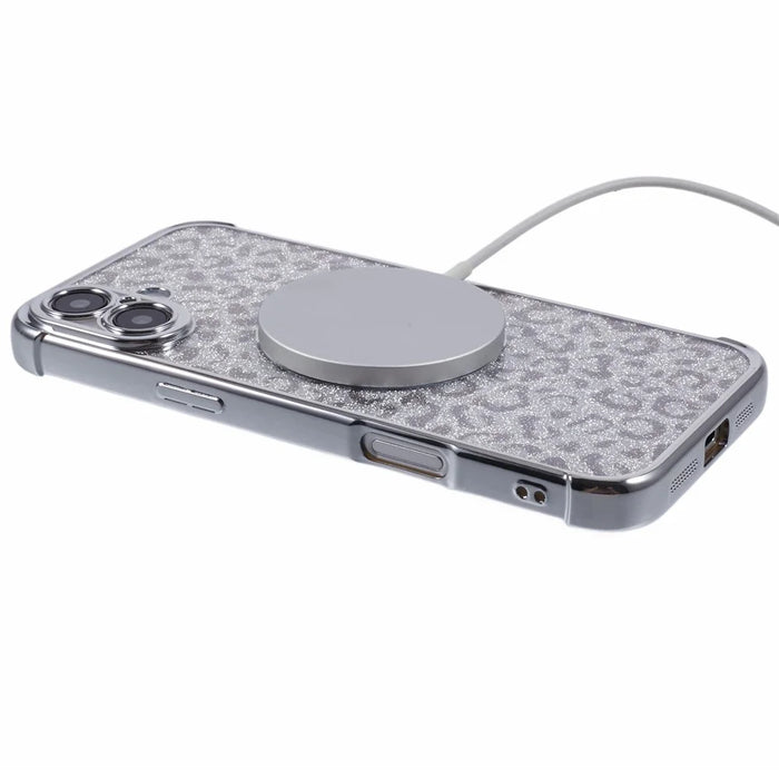 For iPhone 16 Plus Case Compatible with MagSafe Sparkly Leopard Print Clear TPU Phone Cover - Silver - 4