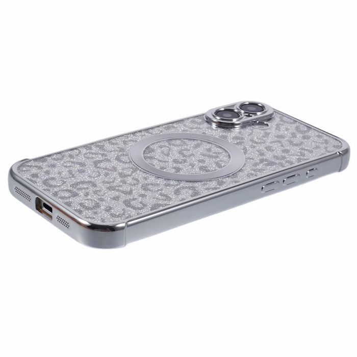 For iPhone 16 Plus Case Compatible with MagSafe Sparkly Leopard Print Clear TPU Phone Cover - Silver - 6