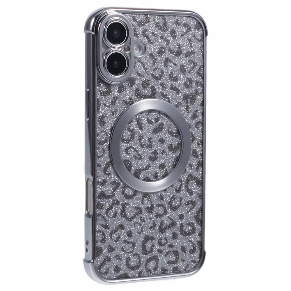 For iPhone 16 Case Compatible with MagSafe Sparkly Leopard Print Clear TPU Phone Cover - Silver - 1