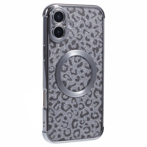 For iPhone 16 Case Compatible with MagSafe Sparkly Leopard Print Clear TPU Phone Cover - Silver - 1