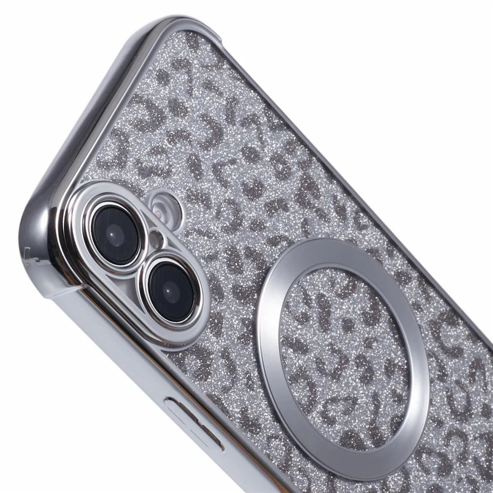 For iPhone 16 Case Compatible with MagSafe Sparkly Leopard Print Clear TPU Phone Cover - Silver - 7