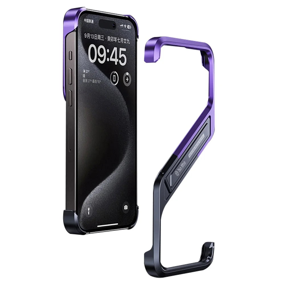 For iPhone 16 Pro Frameless Case S-Shaped Aluminium Alloy Phone Cover with Kickstand - Purple - 1