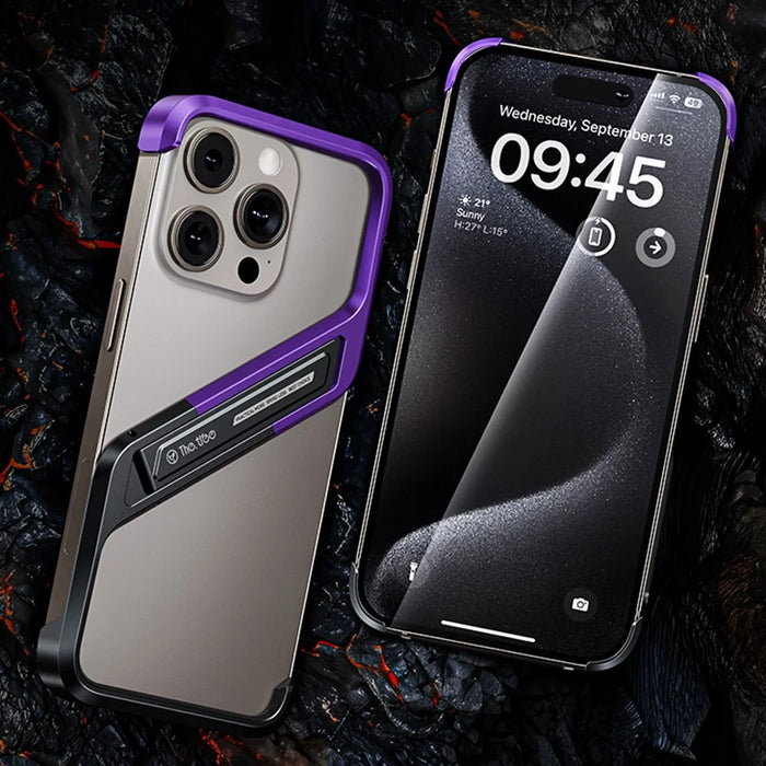 For iPhone 16 Pro Frameless Case S-Shaped Aluminium Alloy Phone Cover with Kickstand - Purple - 2