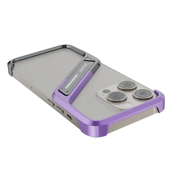 For iPhone 16 Pro Frameless Case S-Shaped Aluminium Alloy Phone Cover with Kickstand - Purple - 4