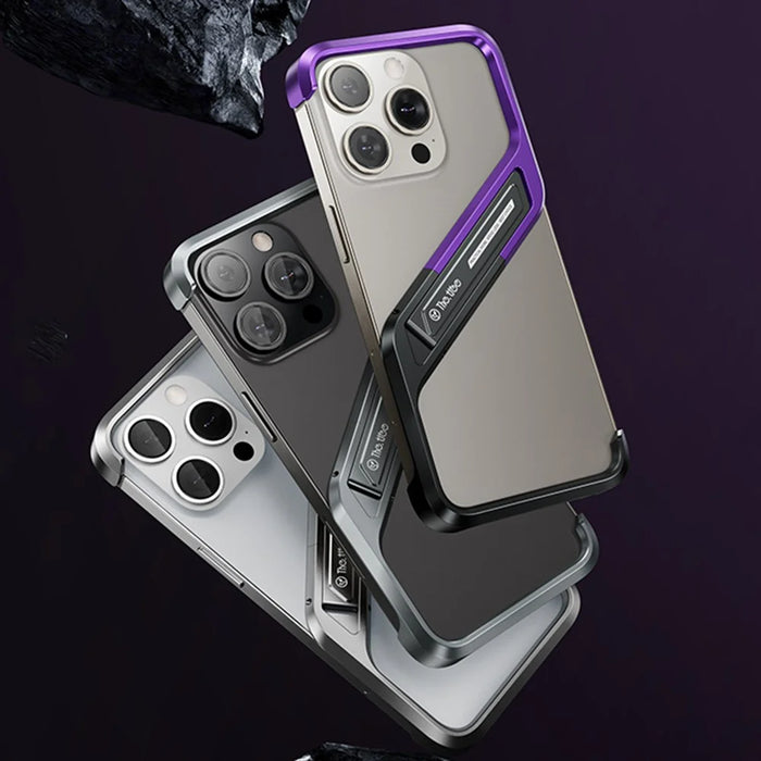 For iPhone 16 Pro Frameless Case S-Shaped Aluminium Alloy Phone Cover with Kickstand - Purple - 7