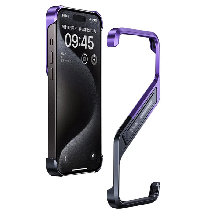 For iPhone 16 Frameless Case S-Shaped Aluminium Alloy Phone Cover with Kickstand - Purple - 1