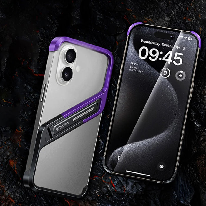 For iPhone 16 Frameless Case S-Shaped Aluminium Alloy Phone Cover with Kickstand - Purple - 2