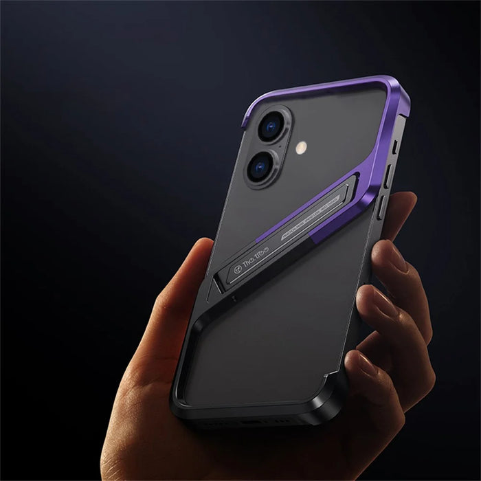 For iPhone 16 Frameless Case S-Shaped Aluminium Alloy Phone Cover with Kickstand - Purple - 3