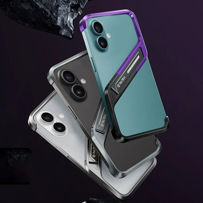 For iPhone 16 Frameless Case S-Shaped Aluminium Alloy Phone Cover with Kickstand - Purple - 5