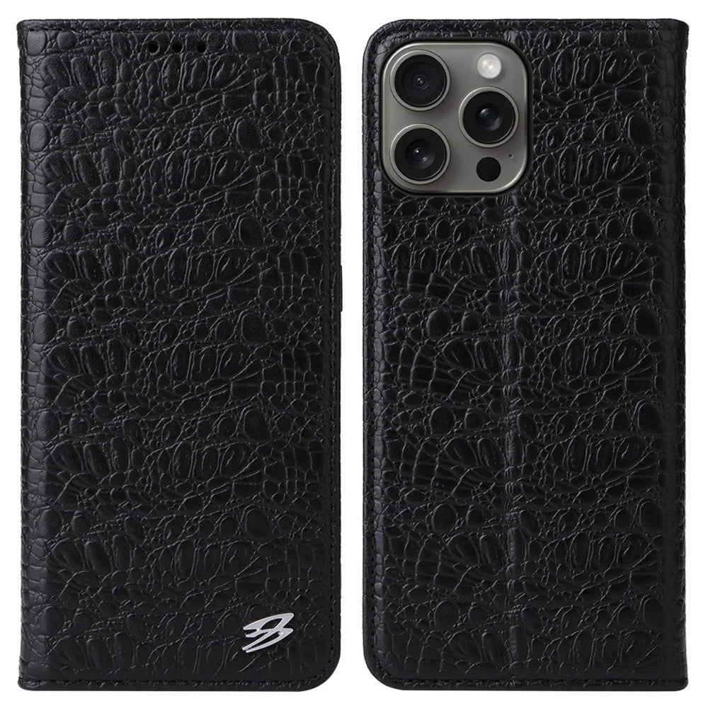 FIERRE SHANN For iPhone 16 Pro Max Case Genuine Cow Leather Crocodile Texture Wallet Phone Cover - Black - 1