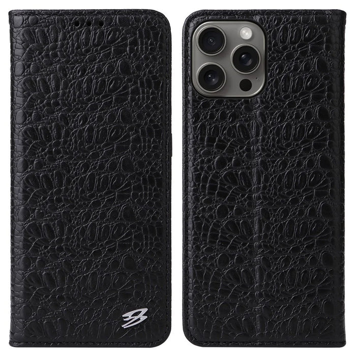 FIERRE SHANN For iPhone 16 Pro Max Case Genuine Cow Leather Crocodile Texture Wallet Phone Cover - Black - 1