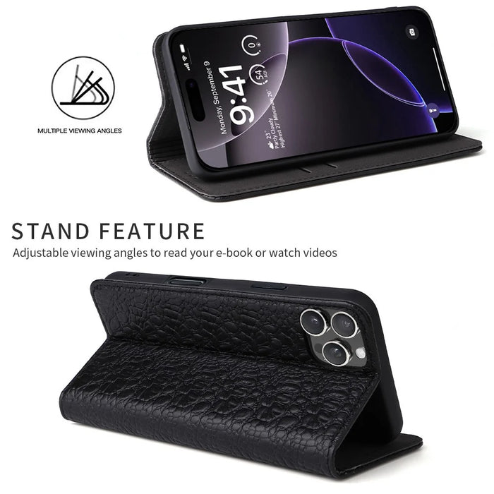 FIERRE SHANN For iPhone 16 Pro Max Case Genuine Cow Leather Crocodile Texture Wallet Phone Cover - Black - 2