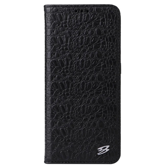 FIERRE SHANN For iPhone 16 Pro Max Case Genuine Cow Leather Crocodile Texture Wallet Phone Cover - Black - 4