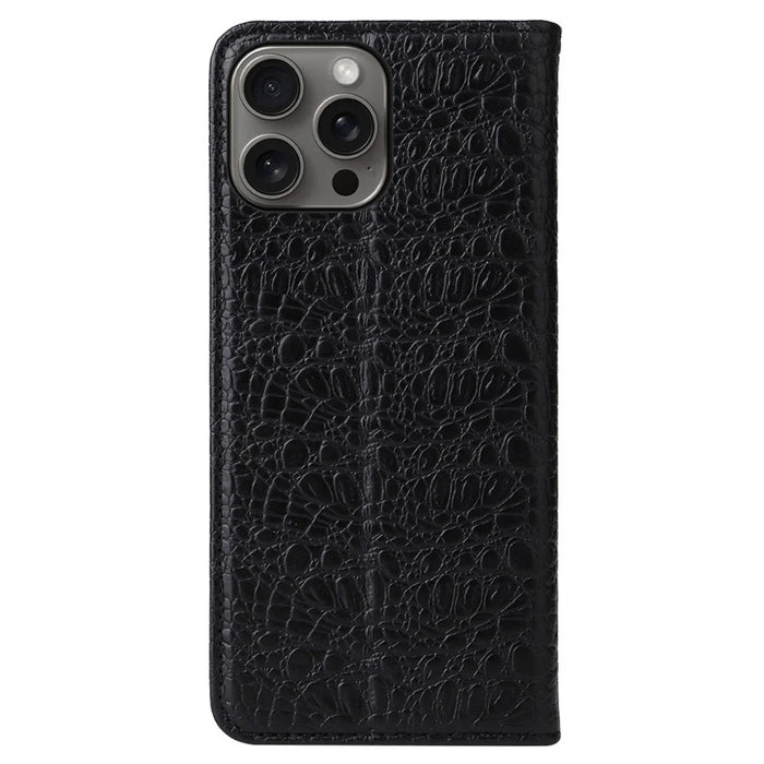 FIERRE SHANN For iPhone 16 Pro Max Case Genuine Cow Leather Crocodile Texture Wallet Phone Cover - Black - 5