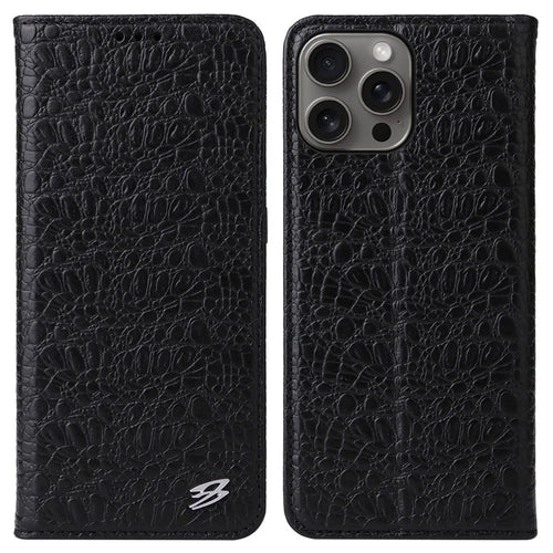 FIERRE SHANN For iPhone 16 Pro Case Genuine Cow Leather Crocodile Texture Wallet Phone Cover - Black - 1