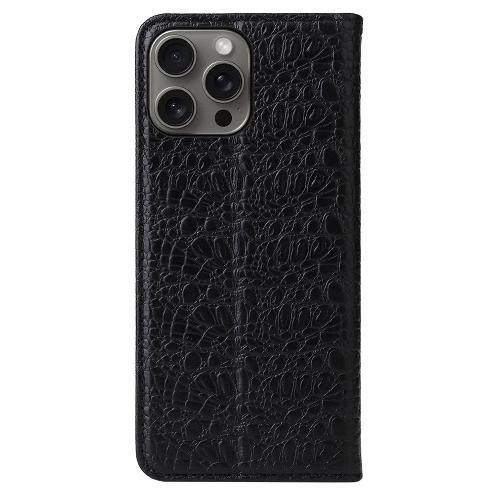 FIERRE SHANN For iPhone 16 Pro Case Genuine Cow Leather Crocodile Texture Wallet Phone Cover - Black - 5