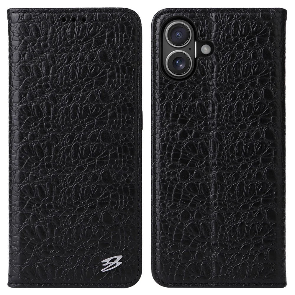 FIERRE SHANN For iPhone 16 Plus Case Genuine Cow Leather Crocodile Texture Wallet Phone Cover - Black - 1