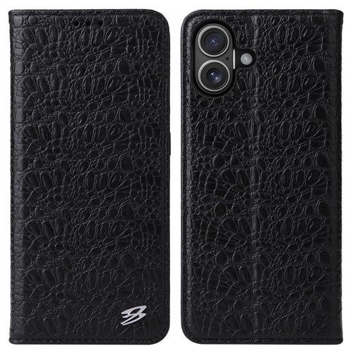 FIERRE SHANN For iPhone 16 Plus Case Genuine Cow Leather Crocodile Texture Wallet Phone Cover - Black - 1