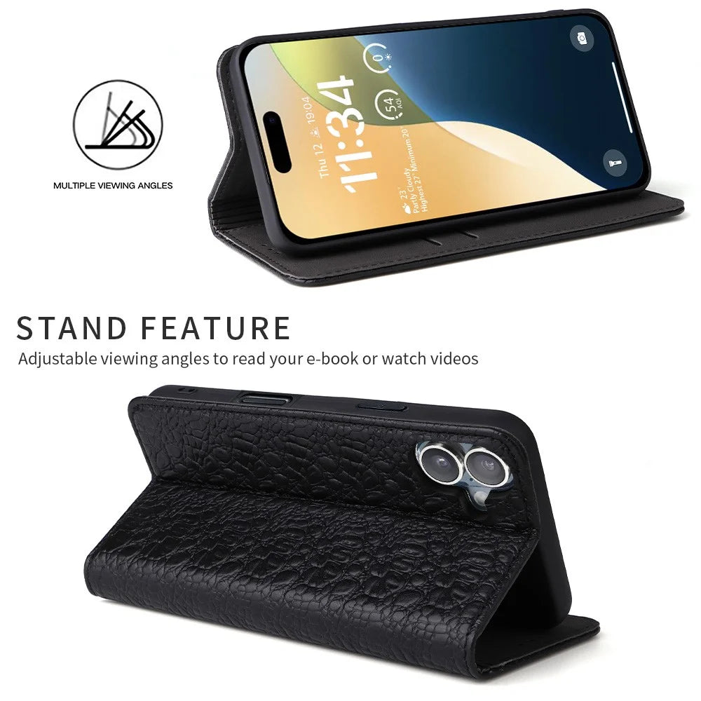 FIERRE SHANN For iPhone 16 Plus Case Genuine Cow Leather Crocodile Texture Wallet Phone Cover - Black - 2