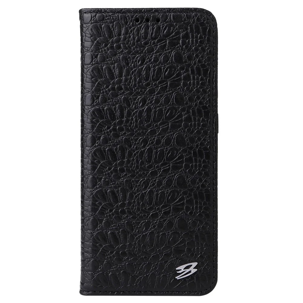 FIERRE SHANN For iPhone 16 Plus Case Genuine Cow Leather Crocodile Texture Wallet Phone Cover - Black - 4